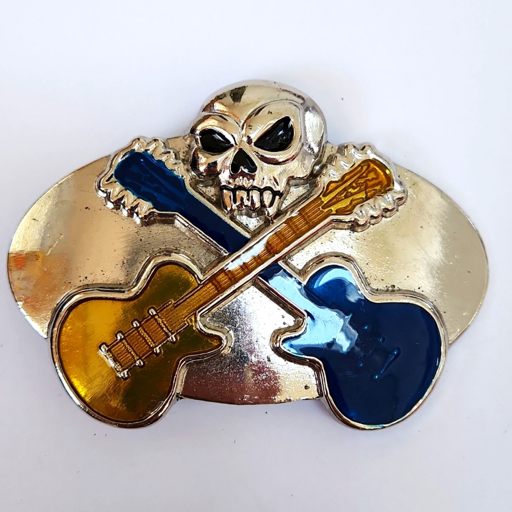 Guitar Skull Belt Buckle Biker Goth Core Rock